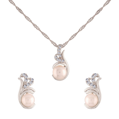 Women's 18k Rhodium Plated Pearl & Cubic Zirconia Twisted Pendant Necklace Set with Earrings