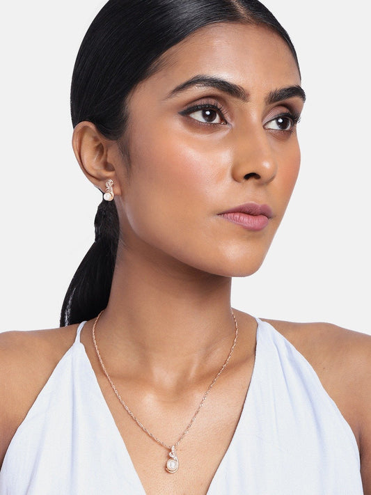 Women's 18k Rose Gold Plated Pearl & Cubic Zirconia Twisted Pendant Necklace Set with Earrings