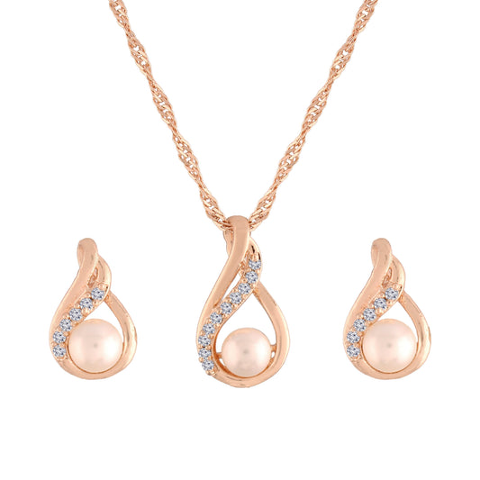 Women's 18k Rose Gold Plated Pearl & Cubic Zirconia Twisted Pendant Necklace Set with Earrings