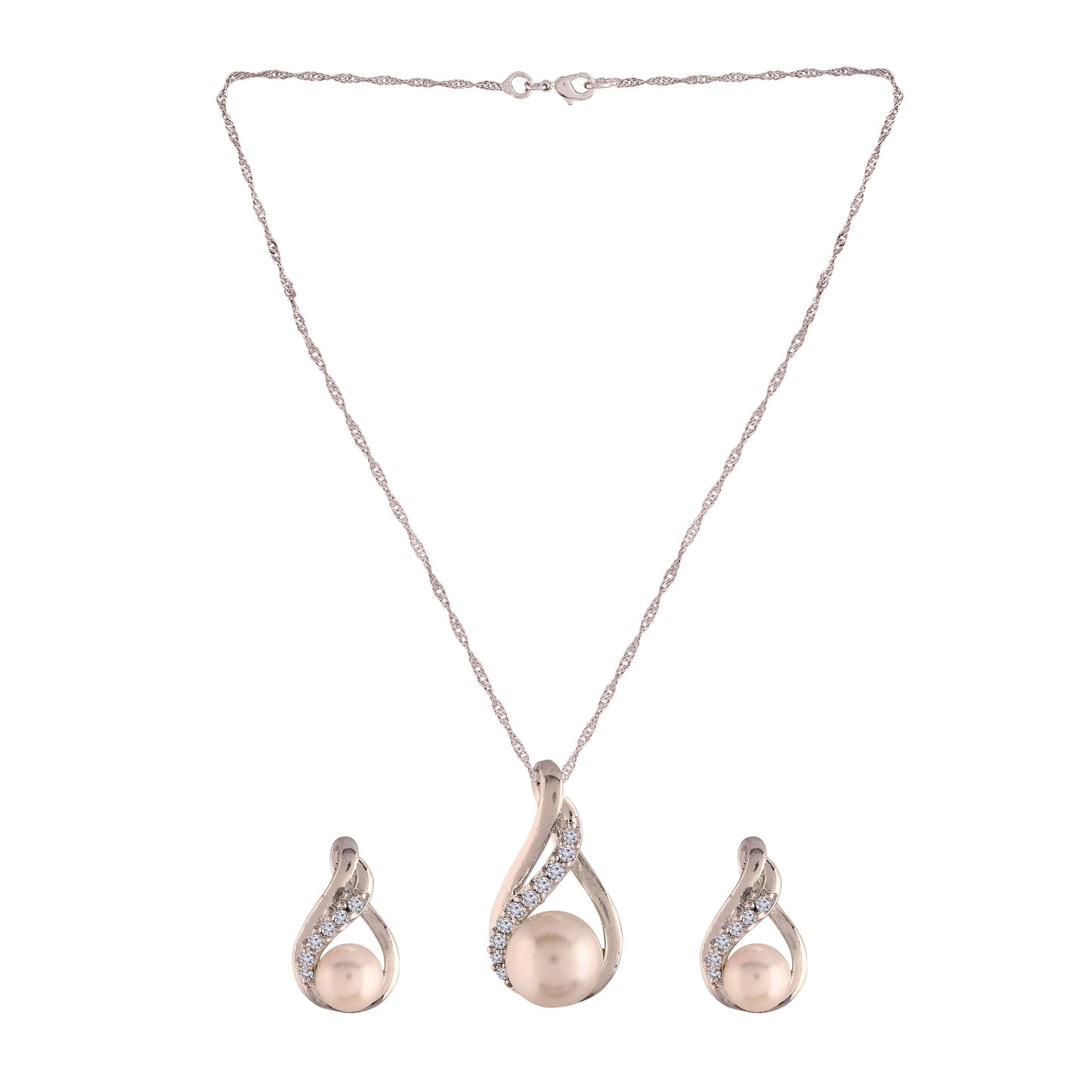 Women's 18k Rhodium Plated Pearl & Cubic Zirconia Twisted Pendant Necklace Set with Earrings