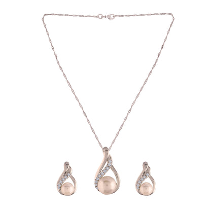 Women's 18k Rhodium Plated Pearl & Cubic Zirconia Twisted Pendant Necklace Set with Earrings