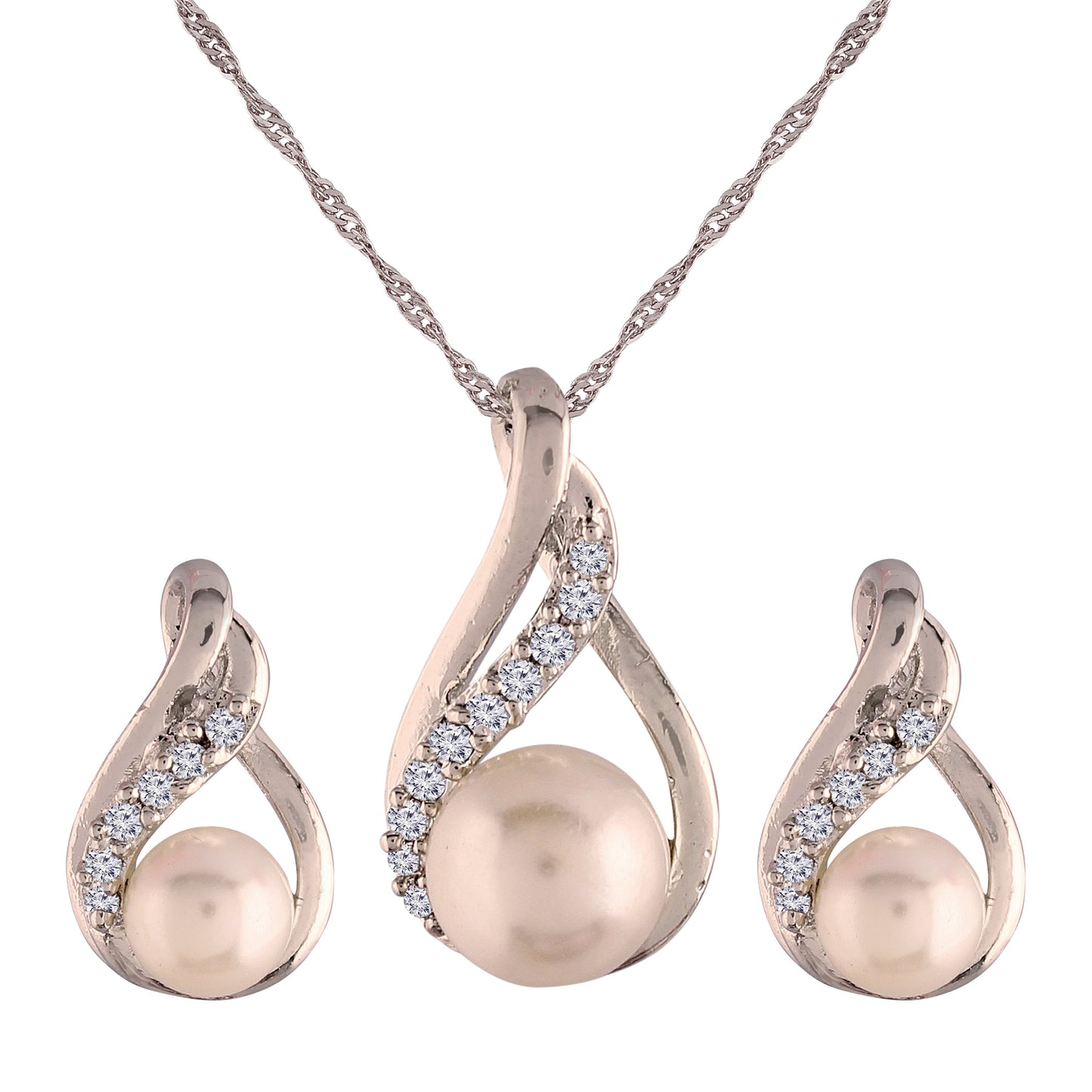 Women's 18k Rhodium Plated Pearl & Cubic Zirconia Twisted Pendant Necklace Set with Earrings