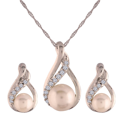 Women's 18k Rhodium Plated Pearl & Cubic Zirconia Twisted Pendant Necklace Set with Earrings