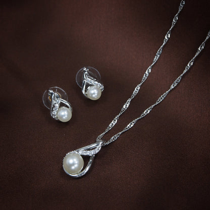 Women's 18k Rhodium Plated Pearl & Cubic Zirconia Twisted Pendant Necklace Set with Earrings