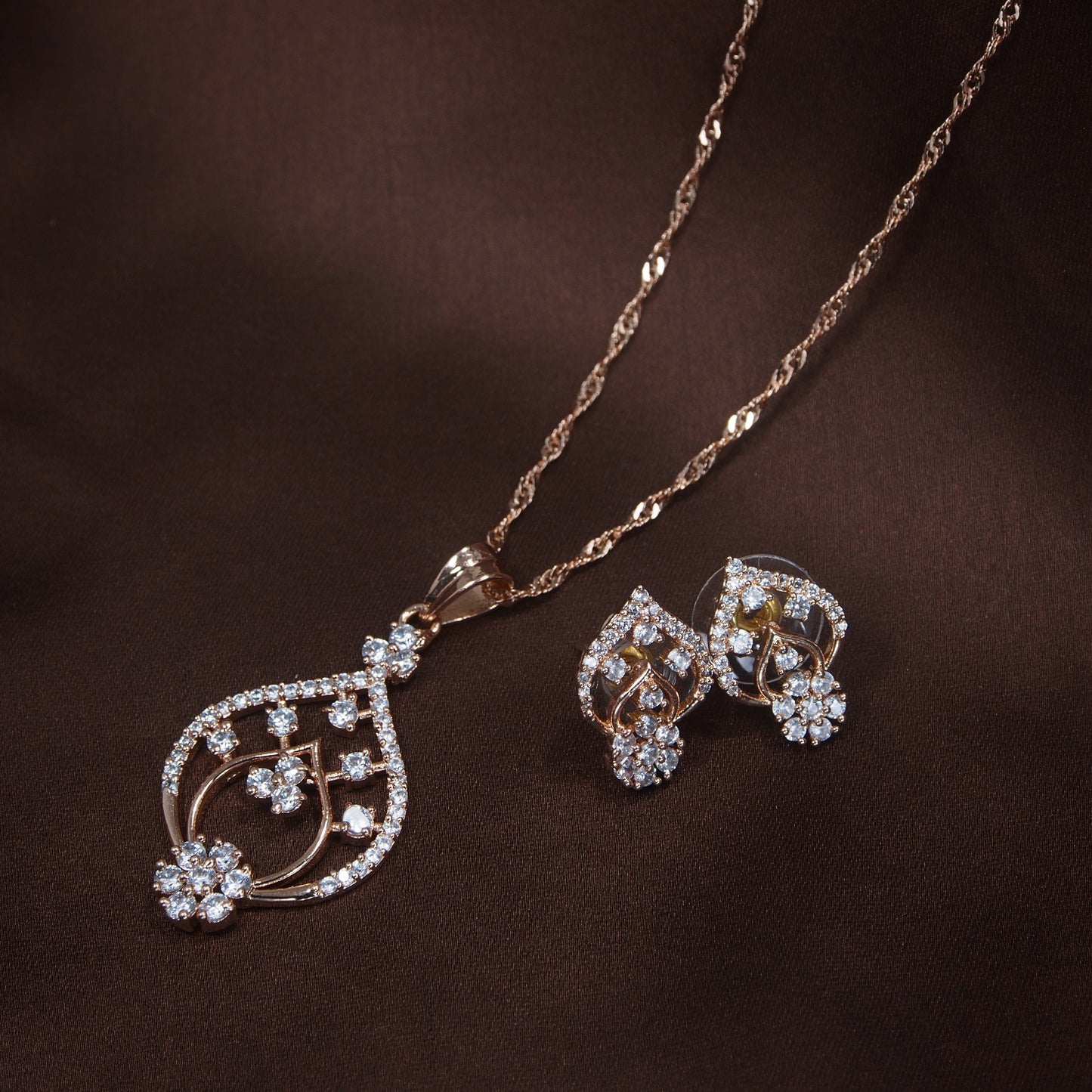 Women's 18k Rose Gold Plated Pearl & Cubic Zirconia Twisted Pendant Necklace Set with Earrings