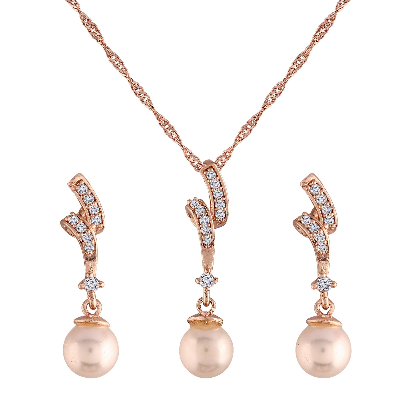Women's 18k Rose Gold Plated Pearl & Cubic Zirconia Twisted Pendant Necklace Set with Earrings