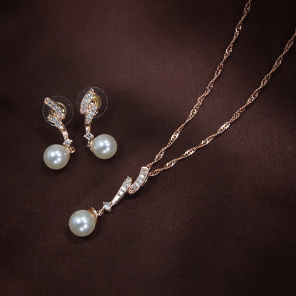 Women's 18k Rose Gold Plated Pearl & Cubic Zirconia Twisted Pendant Necklace Set with Earrings