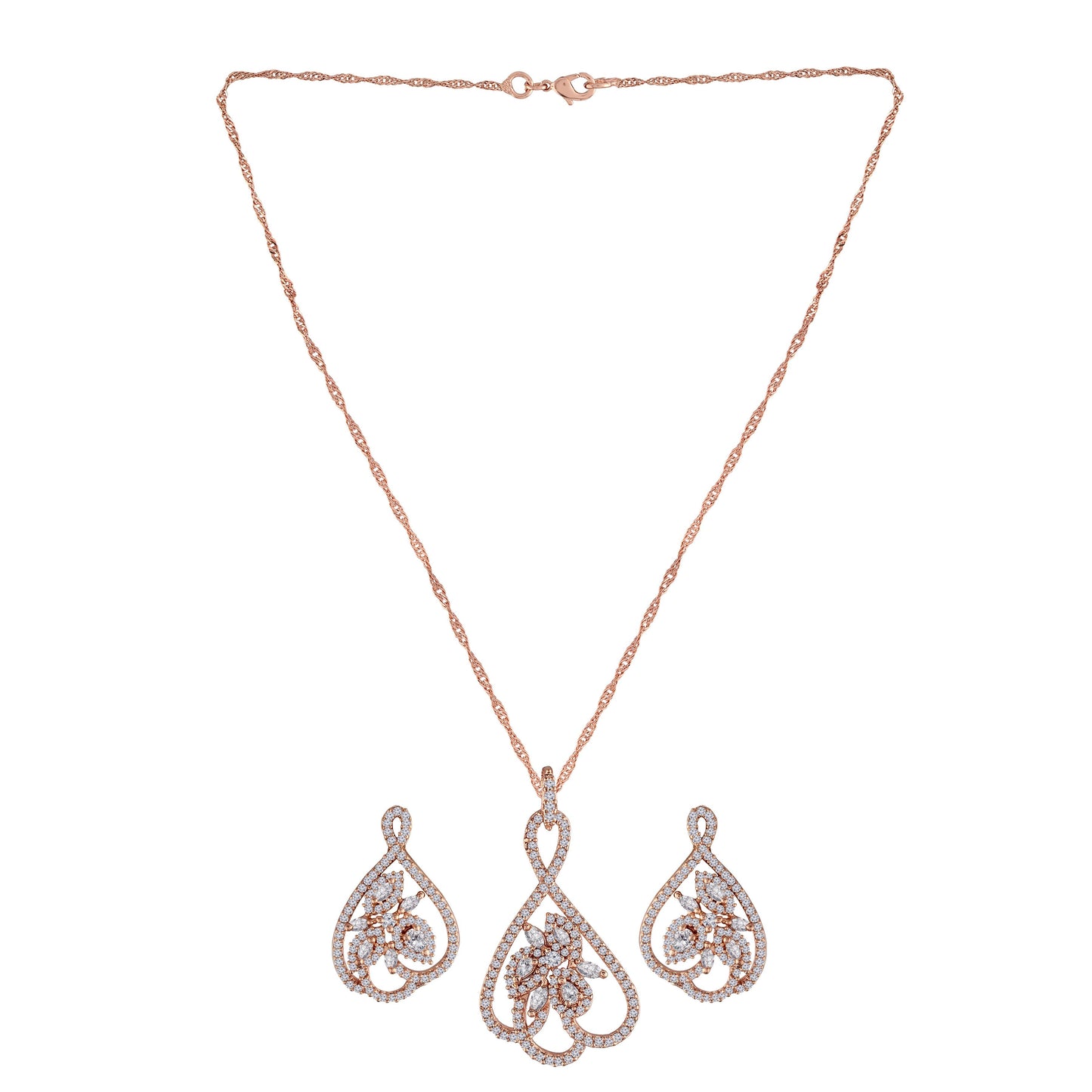 Women's 18k Rose Gold Plated Pearl & Cubic Zirconia Twisted Pendant Necklace Set with Earrings