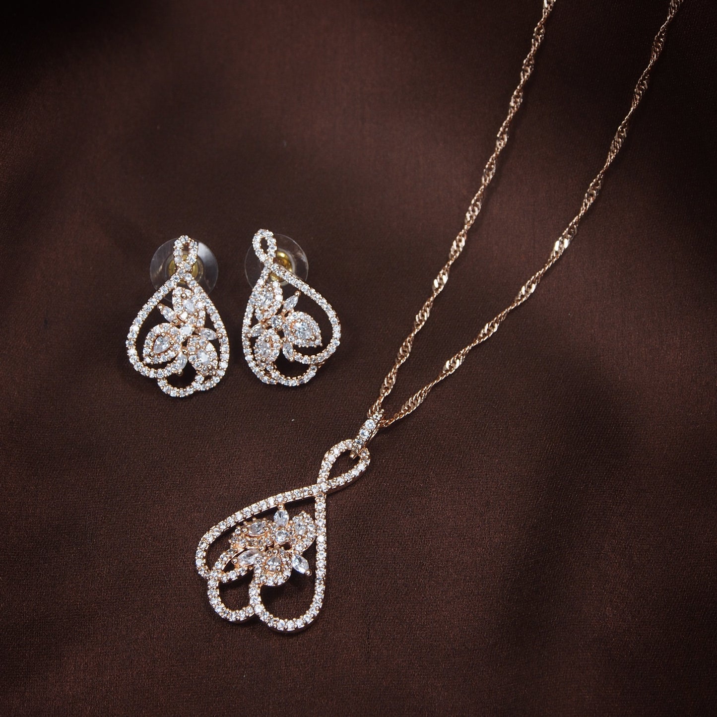 Women's 18k Rose Gold Plated Pearl & Cubic Zirconia Twisted Pendant Necklace Set with Earrings