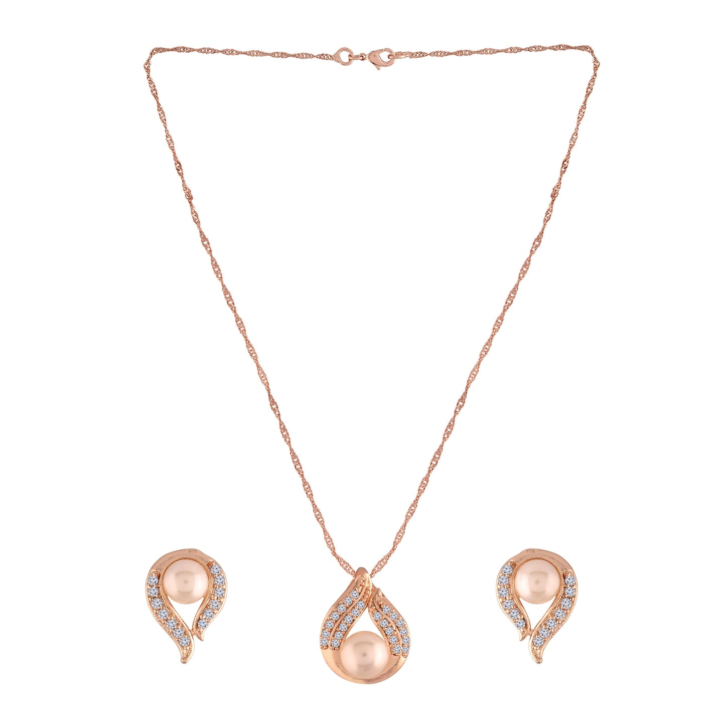Women's 18k Rose Gold Plated Pearl & Cubic Zirconia Twisted Pendant Necklace Set with Earrings