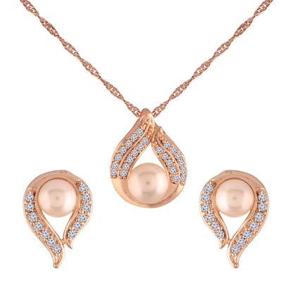 Women's 18k Rose Gold Plated Pearl & Cubic Zirconia Twisted Pendant Necklace Set with Earrings