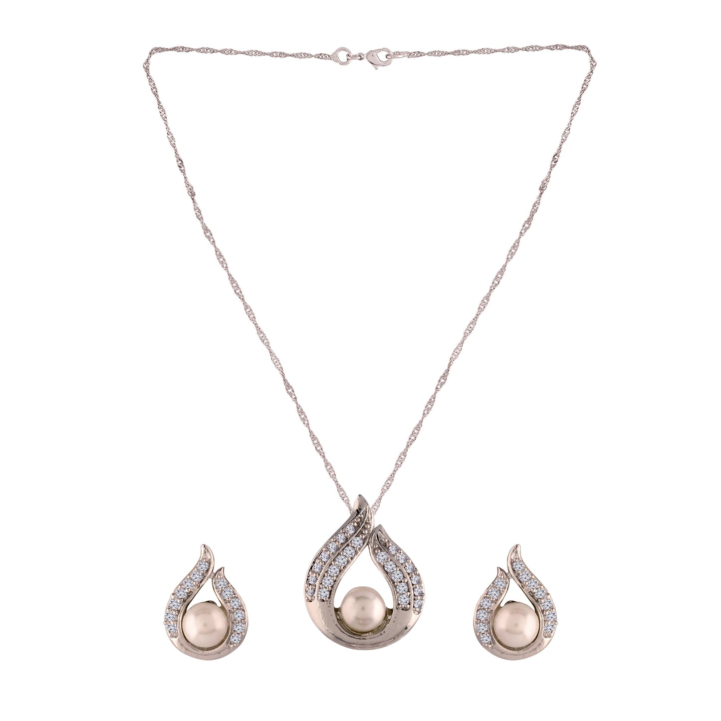 Women's 18k Rhodium Plated Pearl & Cubic Zirconia Twisted Pendant Necklace Set with Earrings
