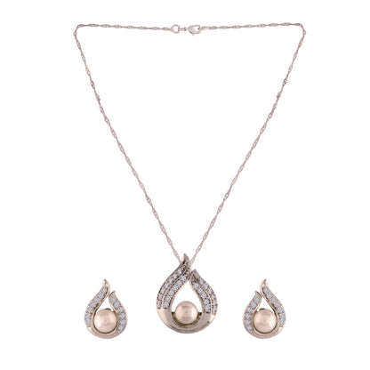 Women's 18k Rhodium Plated Pearl & Cubic Zirconia Twisted Pendant Necklace Set with Earrings