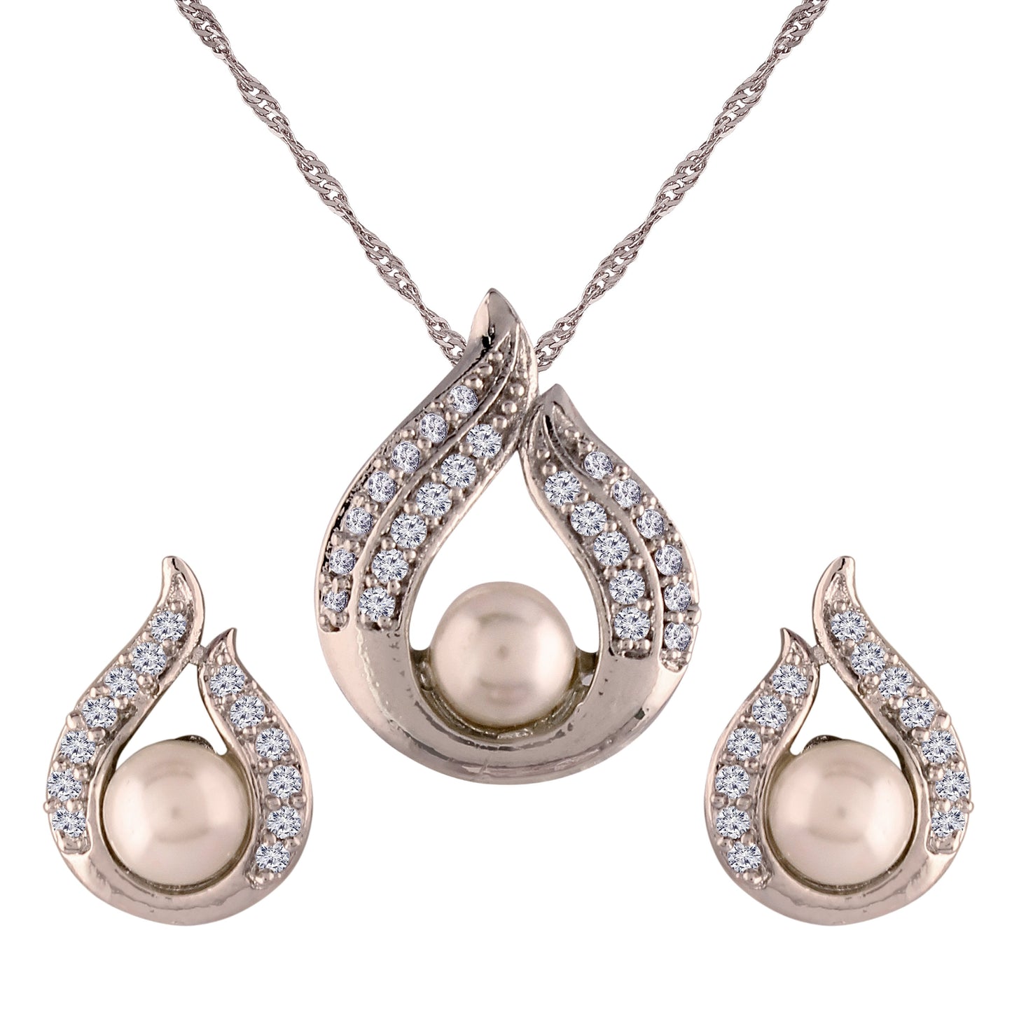 Women's 18k Rhodium Plated Pearl & Cubic Zirconia Twisted Pendant Necklace Set with Earrings
