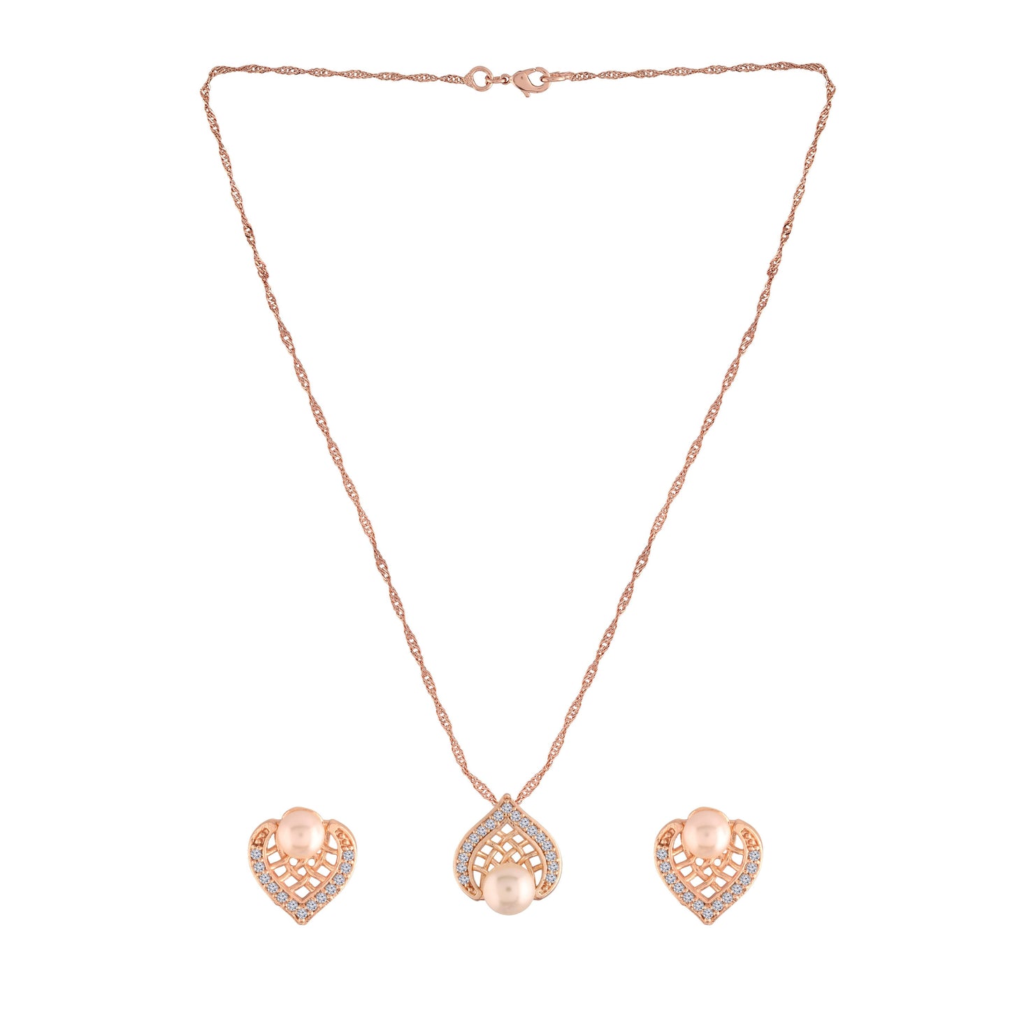 Women's 18k Rose Gold Plated Pearl & Cubic Zirconia Twisted Pendant Necklace Set with Earrings