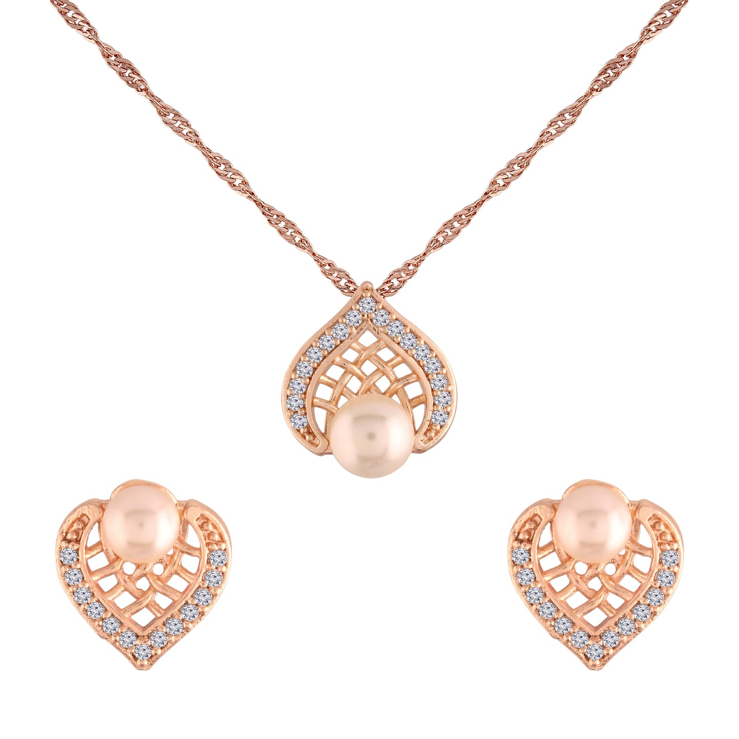 Women's 18k Rose Gold Plated Pearl & Cubic Zirconia Twisted Pendant Necklace Set with Earrings