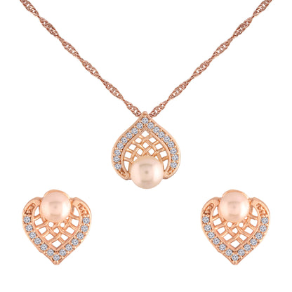 Women's 18k Rose Gold Plated Pearl & Cubic Zirconia Twisted Pendant Necklace Set with Earrings