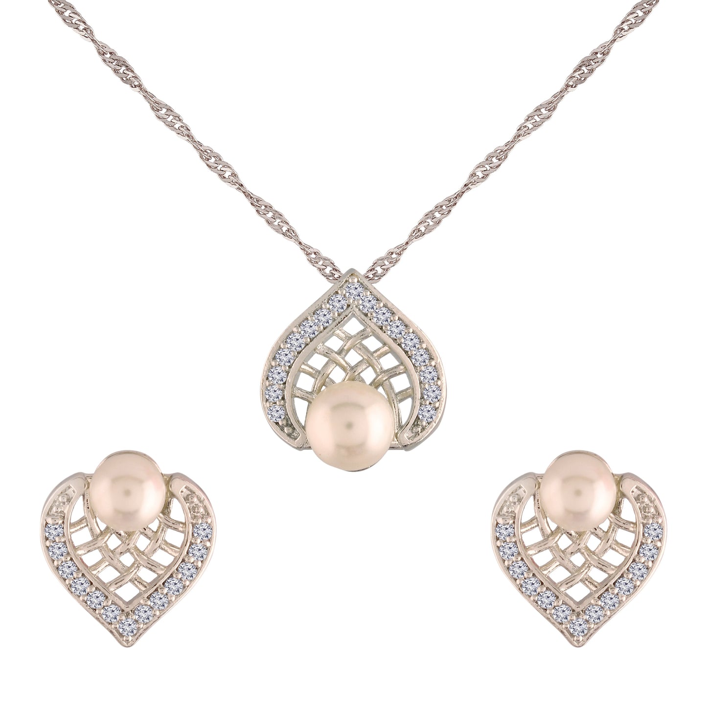 Women's 18k Rhodium Plated Pearl & Cubic Zirconia Twisted Pendant Necklace Set with Earrings