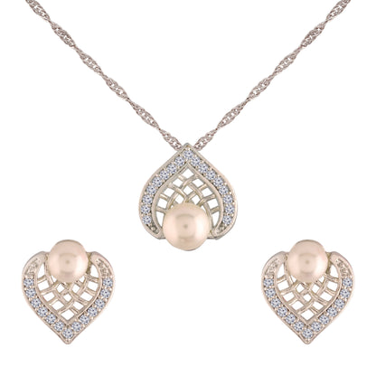 Women's 18k Rhodium Plated Pearl & Cubic Zirconia Twisted Pendant Necklace Set with Earrings