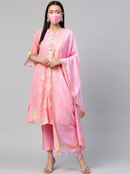 Women's Pink A-Line Printed Kurta Pant & Dupatta Set with Mask