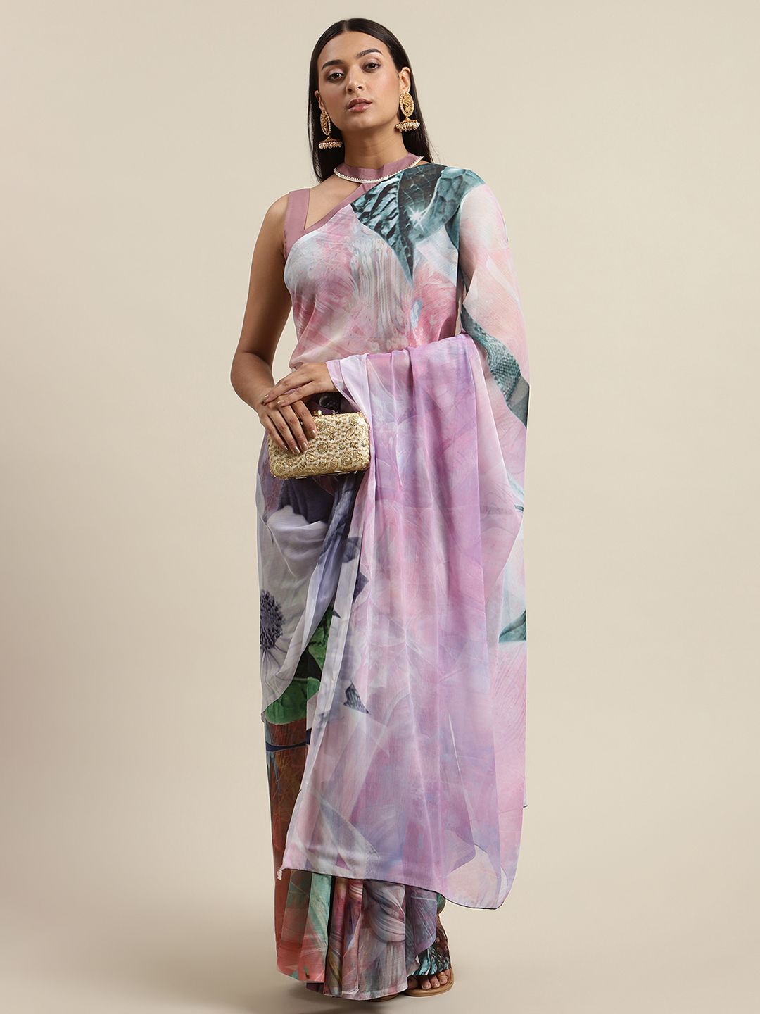 Women's Lavender Colour Chiffon Digital Print Saree