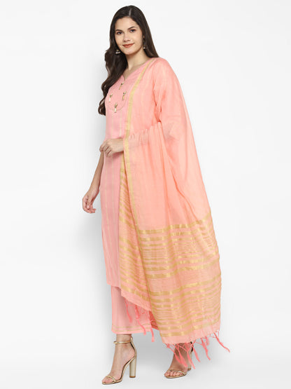 Women's Pink Color Chanderi Silk Embroidered Straight Kurta Palazzo With Dupatta