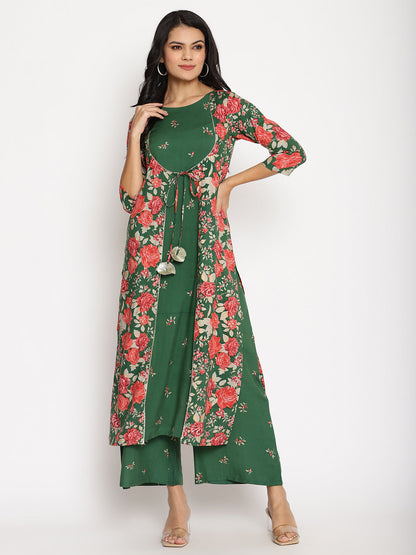 Women's Green Rayon Printed Kurta Palazzo Se