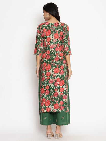 Women's Green Rayon Printed Kurta Palazzo Se