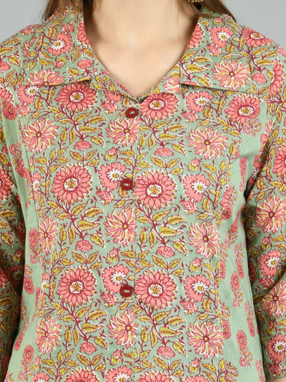 Women's Multi Cotton Printed 3/4 Sleeve Shirt Coller Casual Kurta Pant Set