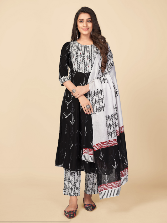 Women's Black Cotton Kurta With Pant & Dupatta By Vbuyz (3
