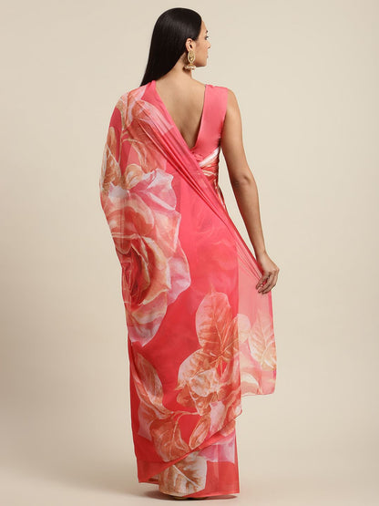 Women's Pink Colour Chiffon Digital Print Floral Saree
