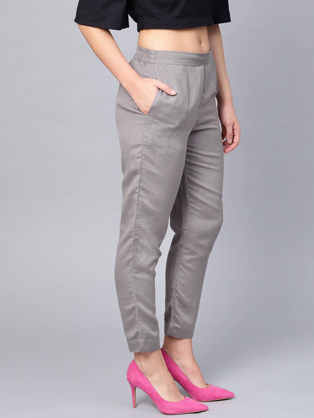 Women's Grey Rayon Solid Cigarette Pants