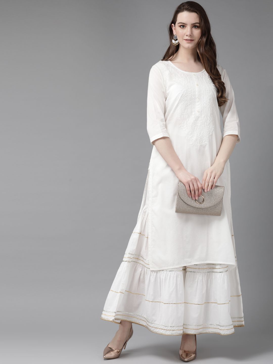 Women's White Cotton Voile Embroidered Straight Kurta