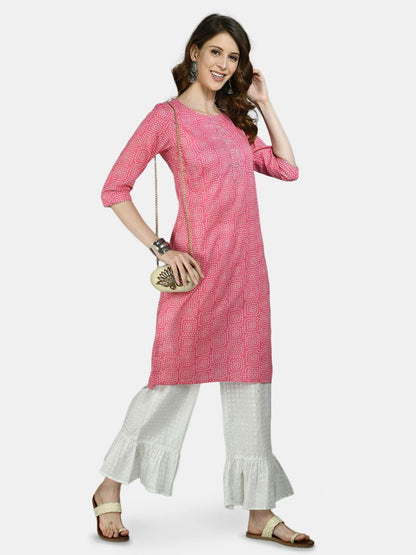 Women's Pink Cotton Printed 3/4 Sleeve Round Neck Casual Kurta Palazzo Set