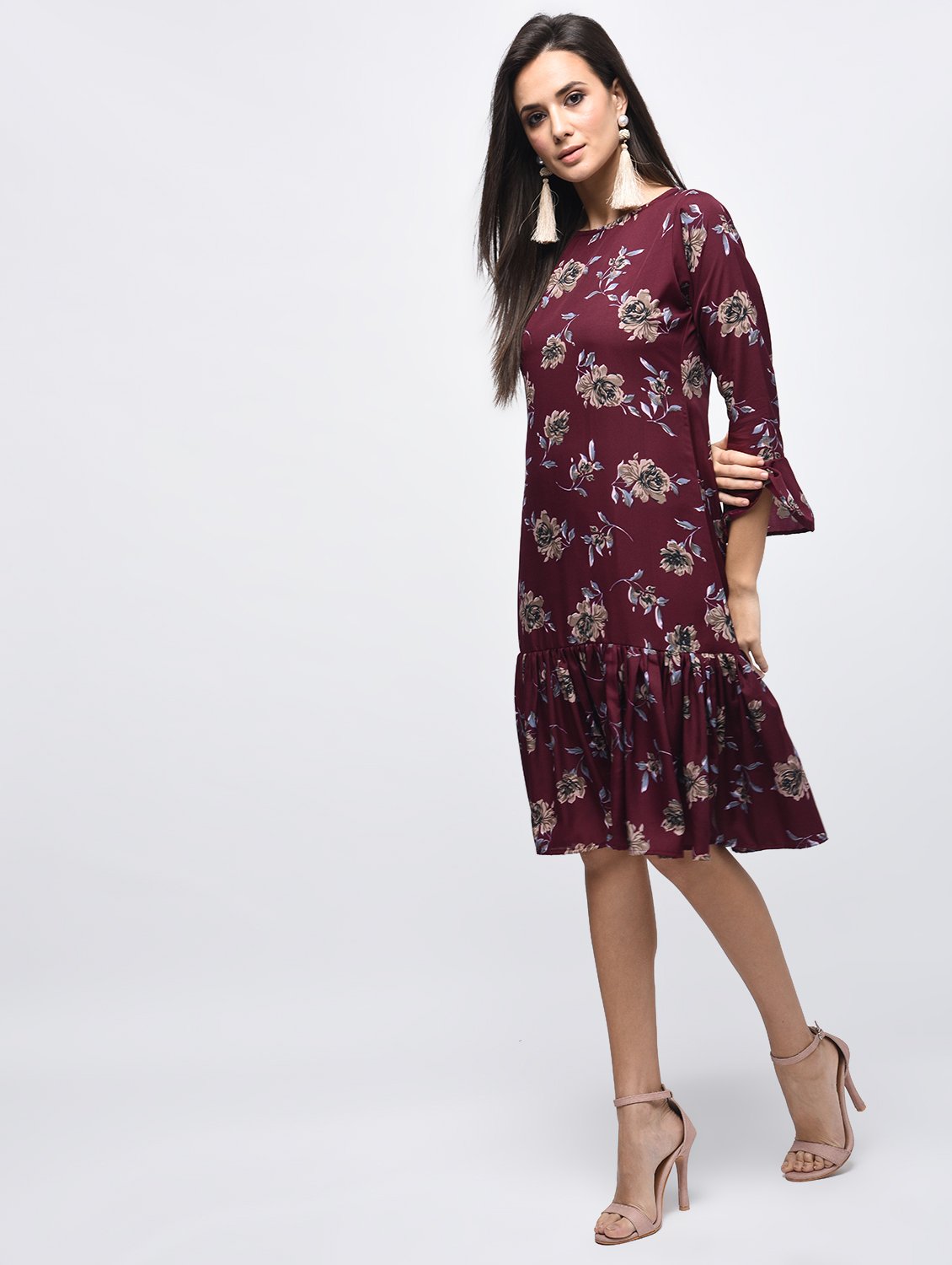 Women's Maroon Polyster Printed Bell Sleeve Round Neck Dress