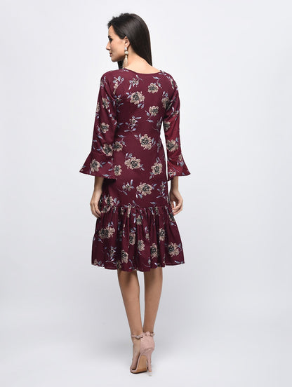 Women's Maroon Polyster Printed Bell Sleeve Round Neck Dress