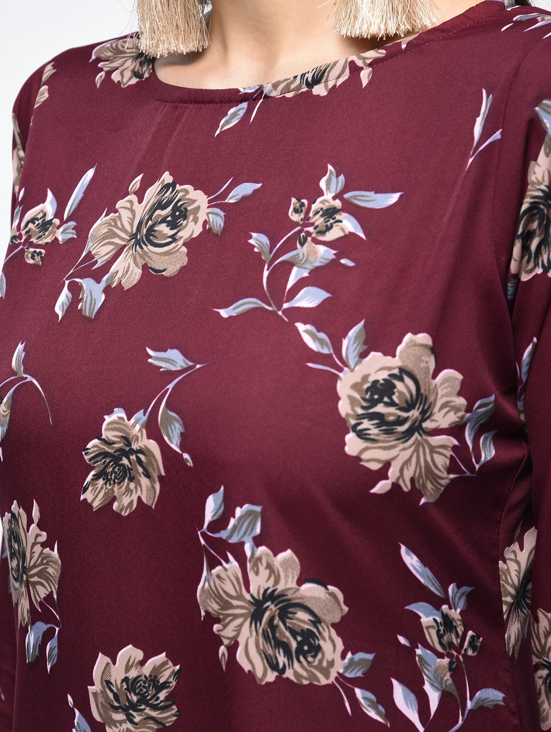 Women's Maroon Polyster Printed Bell Sleeve Round Neck Dress