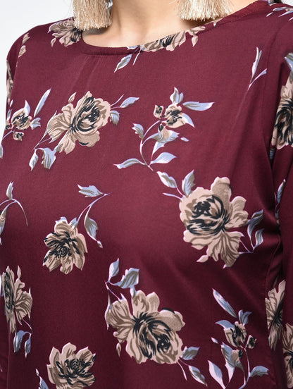Women's Maroon Polyster Printed Bell Sleeve Round Neck Dress