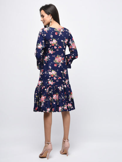 Women's Navy Polyster Printed Bell Sleeve Round Neck Dress