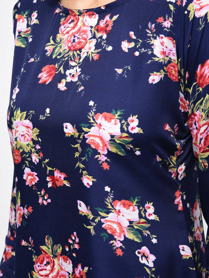 Women's Navy Polyster Printed Bell Sleeve Round Neck Dress
