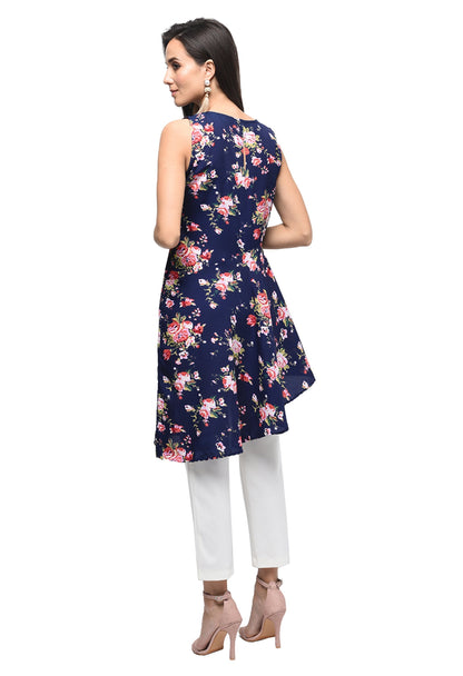 Women's Dark Blue Polyester Printed Sleeveless Round Neck Casual Kurta Only