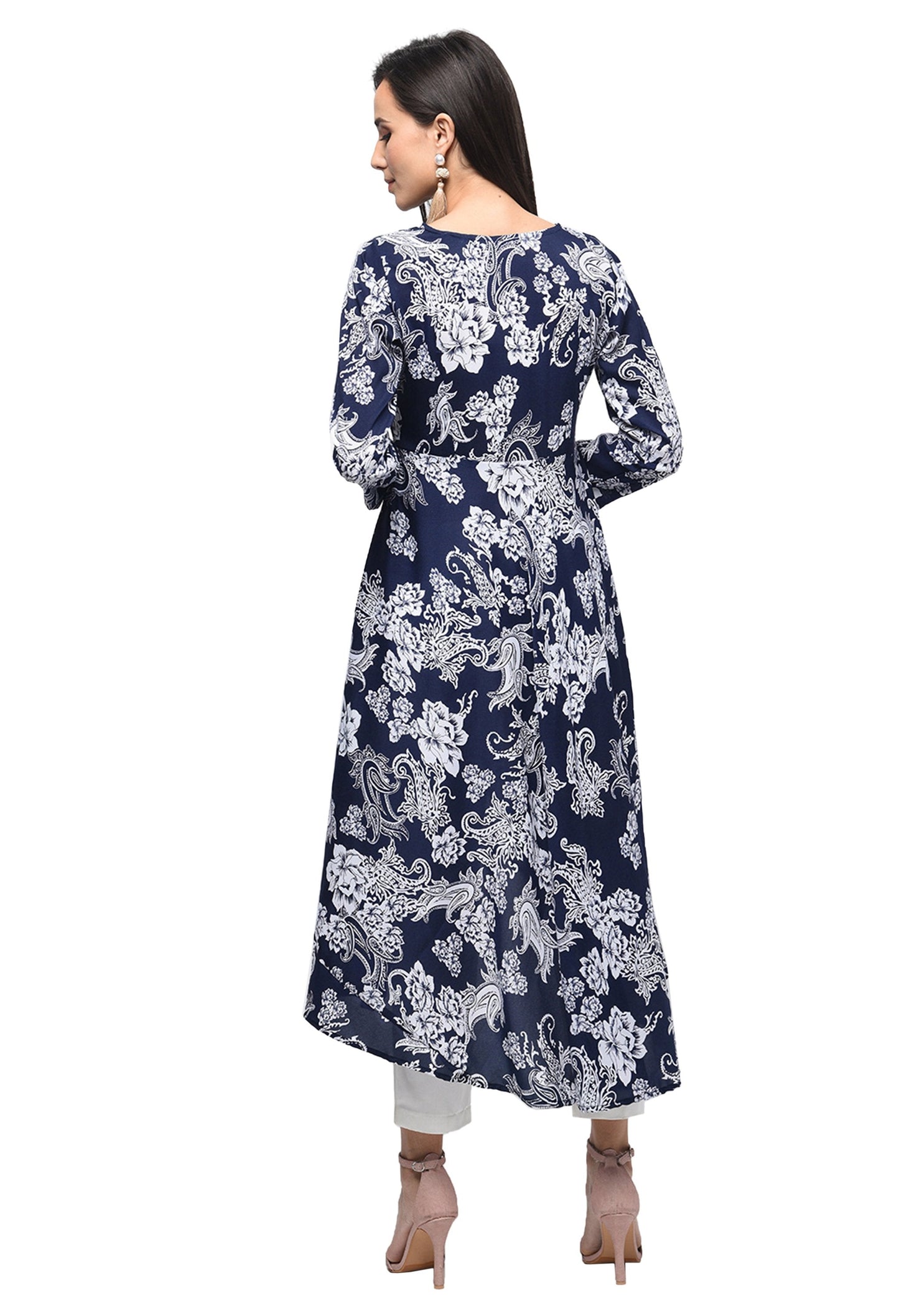 Women's Blue Polyester Printed Regular Sleeves Round Neck Casual Kurta Only