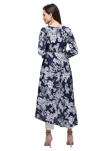 Women's Blue Polyester Printed Regular Sleeves Round Neck Casual Kurta Only