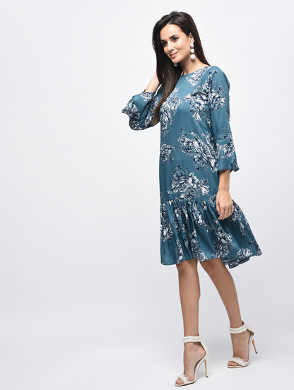 Women's Blue Polyster Printed Bell Sleeve Round Neck Dress