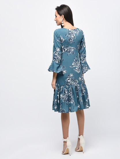 Women's Blue Polyster Printed Bell Sleeve Round Neck Dress