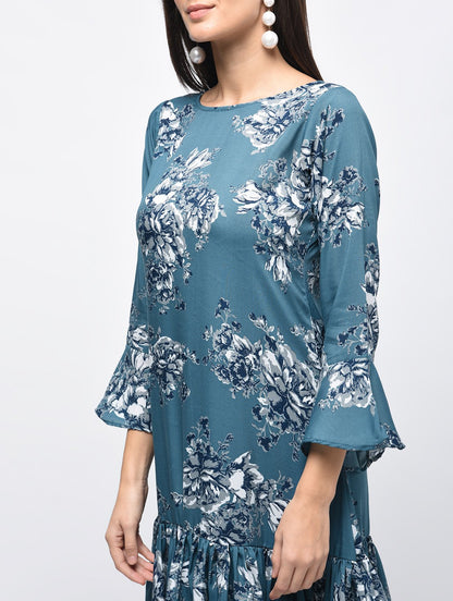 Women's Blue Polyster Printed Bell Sleeve Round Neck Dress