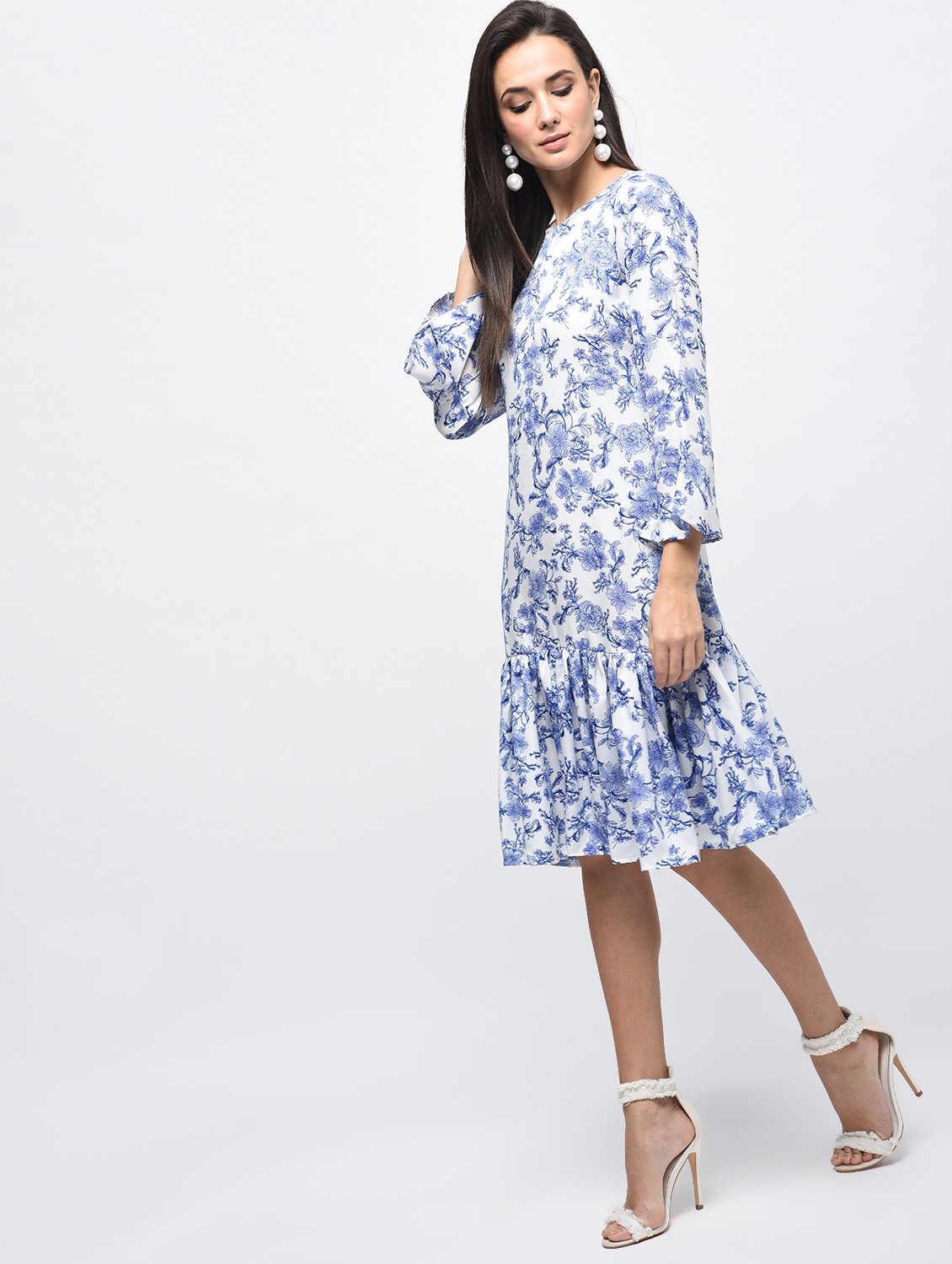 Women's Sky Blue Polyster Printed Bell Sleeve Round Neck Dress