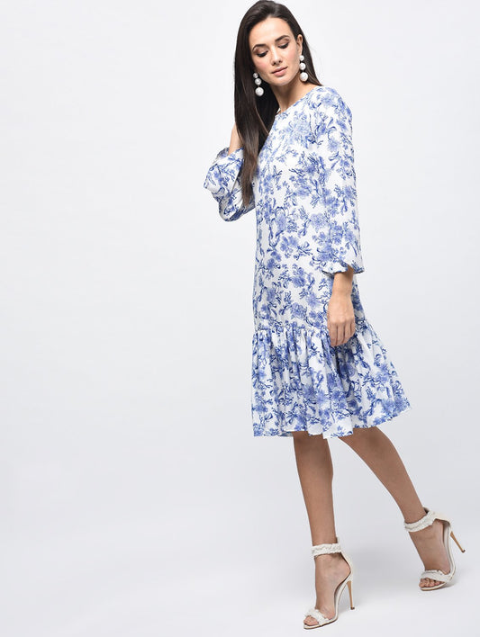 Women's Sky Blue Polyster Printed Bell Sleeve Round Neck Dress