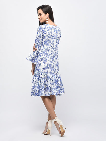 Women's Sky Blue Polyster Printed Bell Sleeve Round Neck Dress