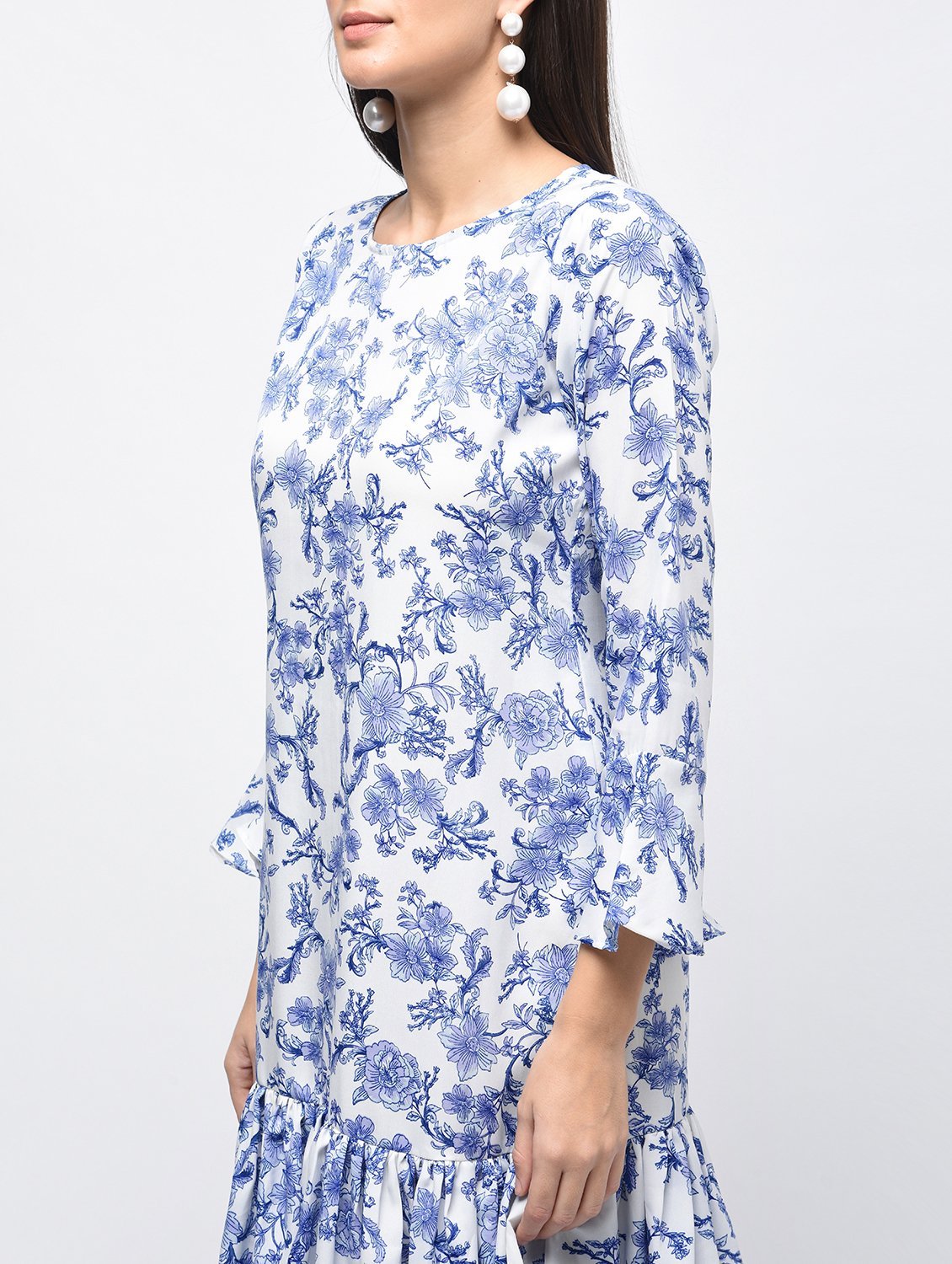 Women's Sky Blue Polyster Printed Bell Sleeve Round Neck Dress